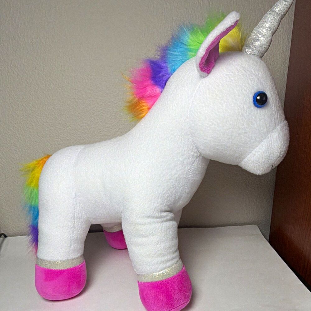 Build-A-Bear Workshop White Unicorn Plush Rainbow Mane Pink Hooves, NO sound
